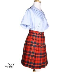 Vintage Red Plaid Pleated Short Mini Skirt w Buckles Size S W25 L19.5 - Hey Viv
